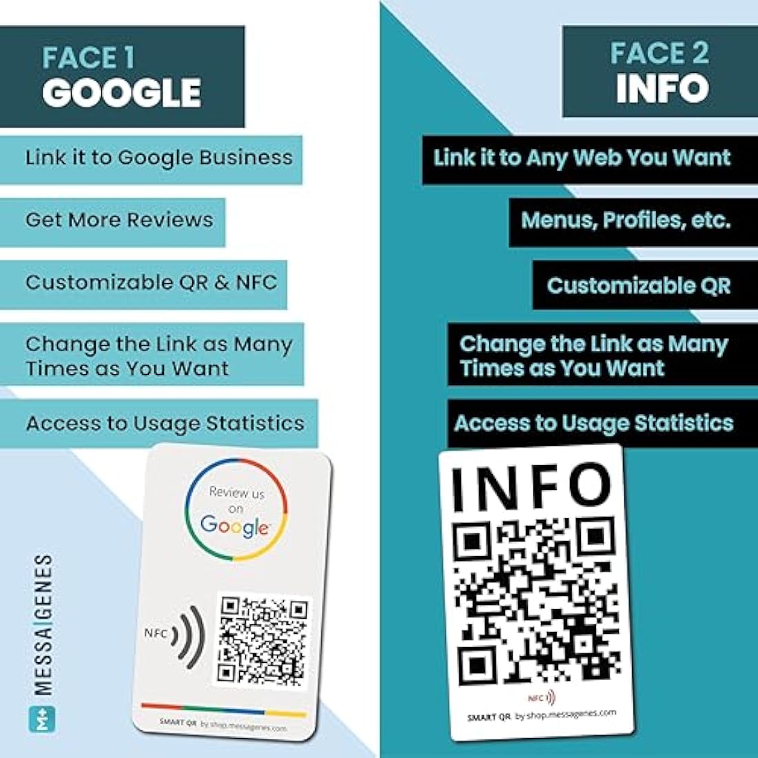 Reusable Review Tap Card for Google Reviews and Menu or Website- 2-Cards Pack - QR & Tap NFC Review + QR INFO Card - Review Us on Google Tap Card - iPhone & Android - Set Up at Home | by MESSAGENES