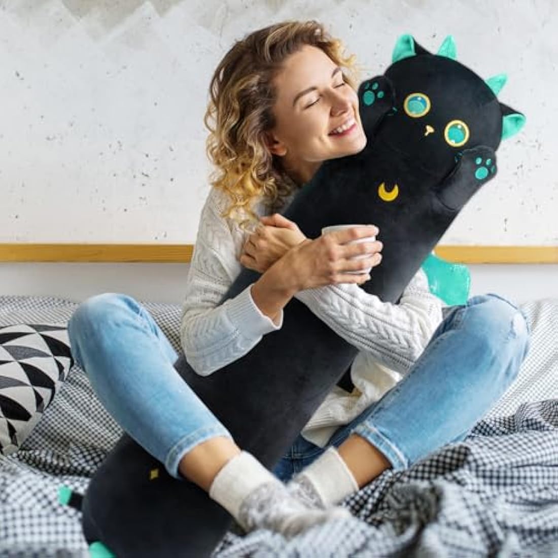Mewaii 20in Long Cat Plush Pillows Stuffed Animals Squishy Pillows - Plushie Cute Big Green Eyes Sleeping Hugging Plush Pillow Soft Toys for Kids(Black)