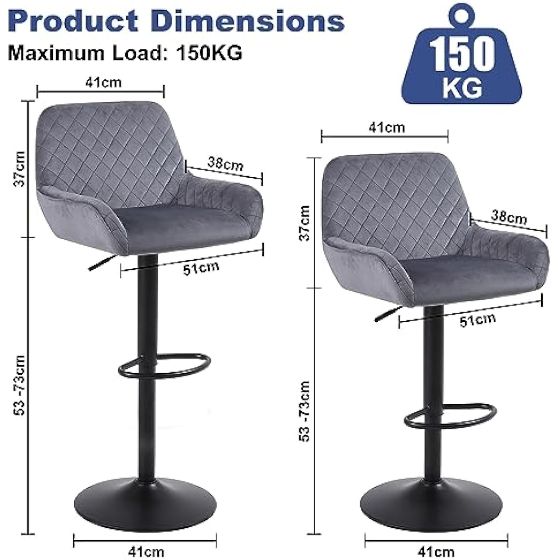 ralex-chair Bar Stools Set of 2, Height Adjustable Velvet Fabric Swivel Barstool Bar Chairs, Breakfast Dining Stools With Backrest and Armrest for Bar, Counter and Kitchen, Grey
