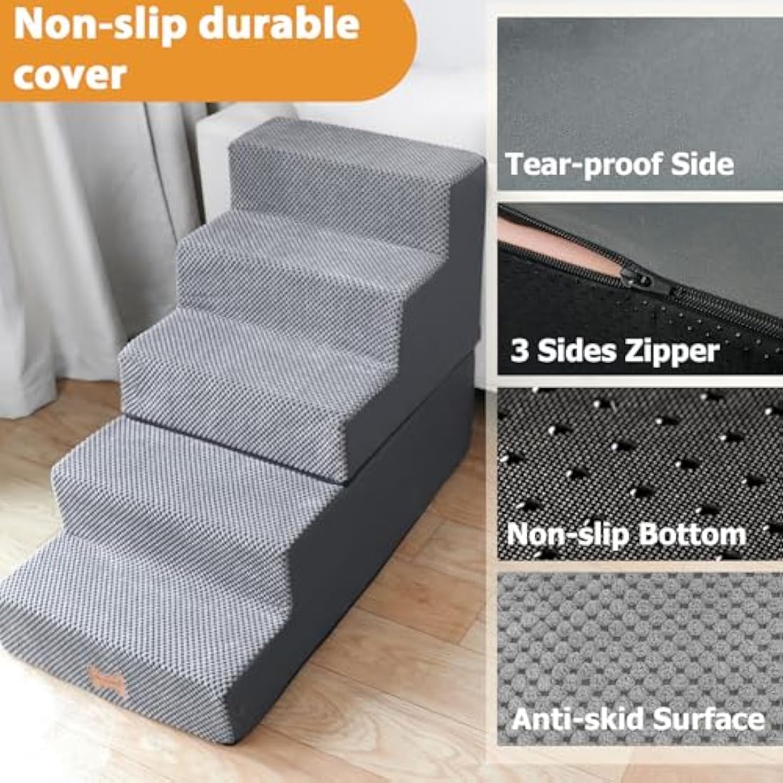 Nepfaivy Dog Steps Stairs for Bed - Non-Slip Pet Stairs for Small Dogs and Cats, 5-Steps Dog Ramp for Sofa with High Density Foam and Removable Cover, 76x40x56cm