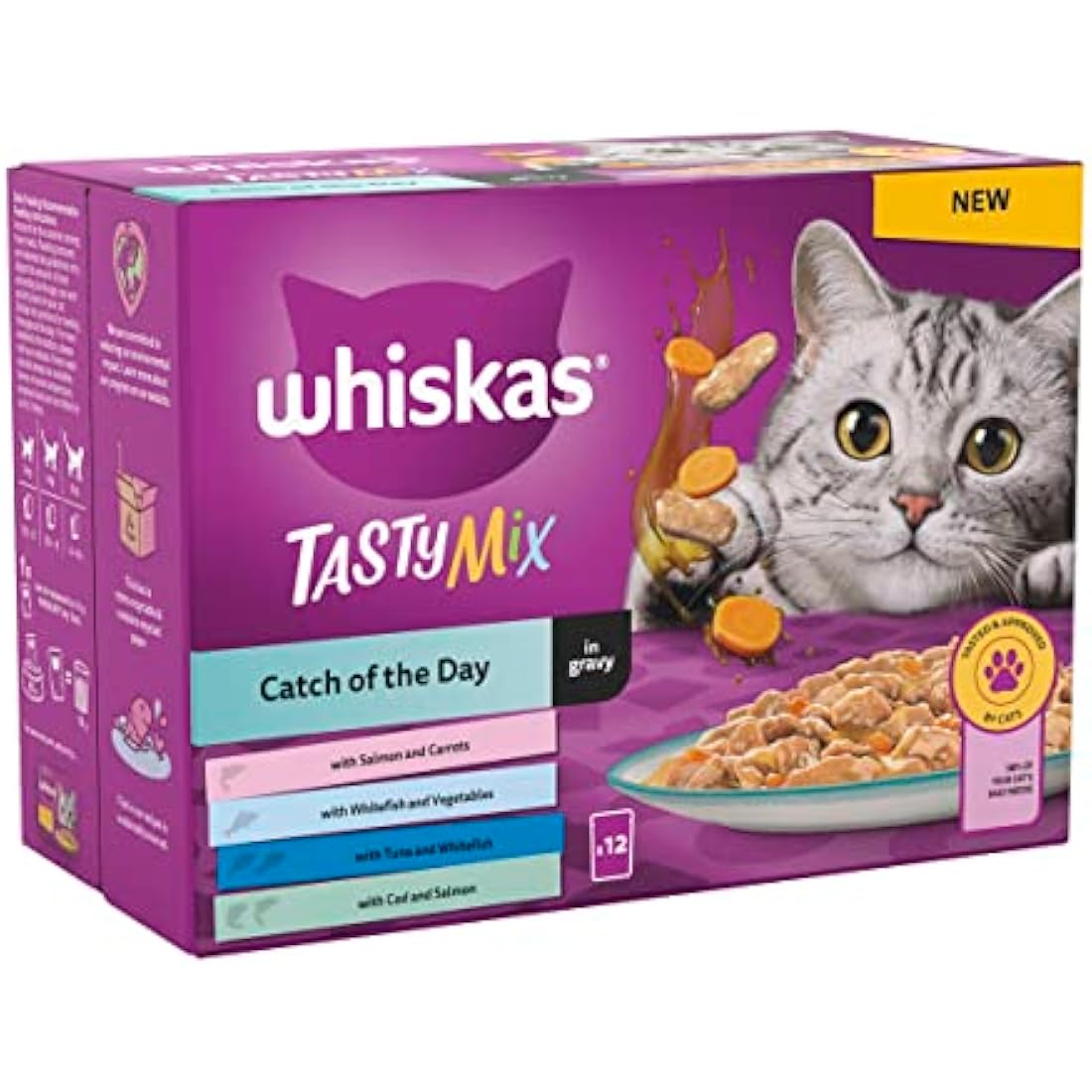 Whiskas Tasty Mix 1+ Catch of the Day in Gravy Adult Cat Food 12 Pouches 85g, Pack of 4