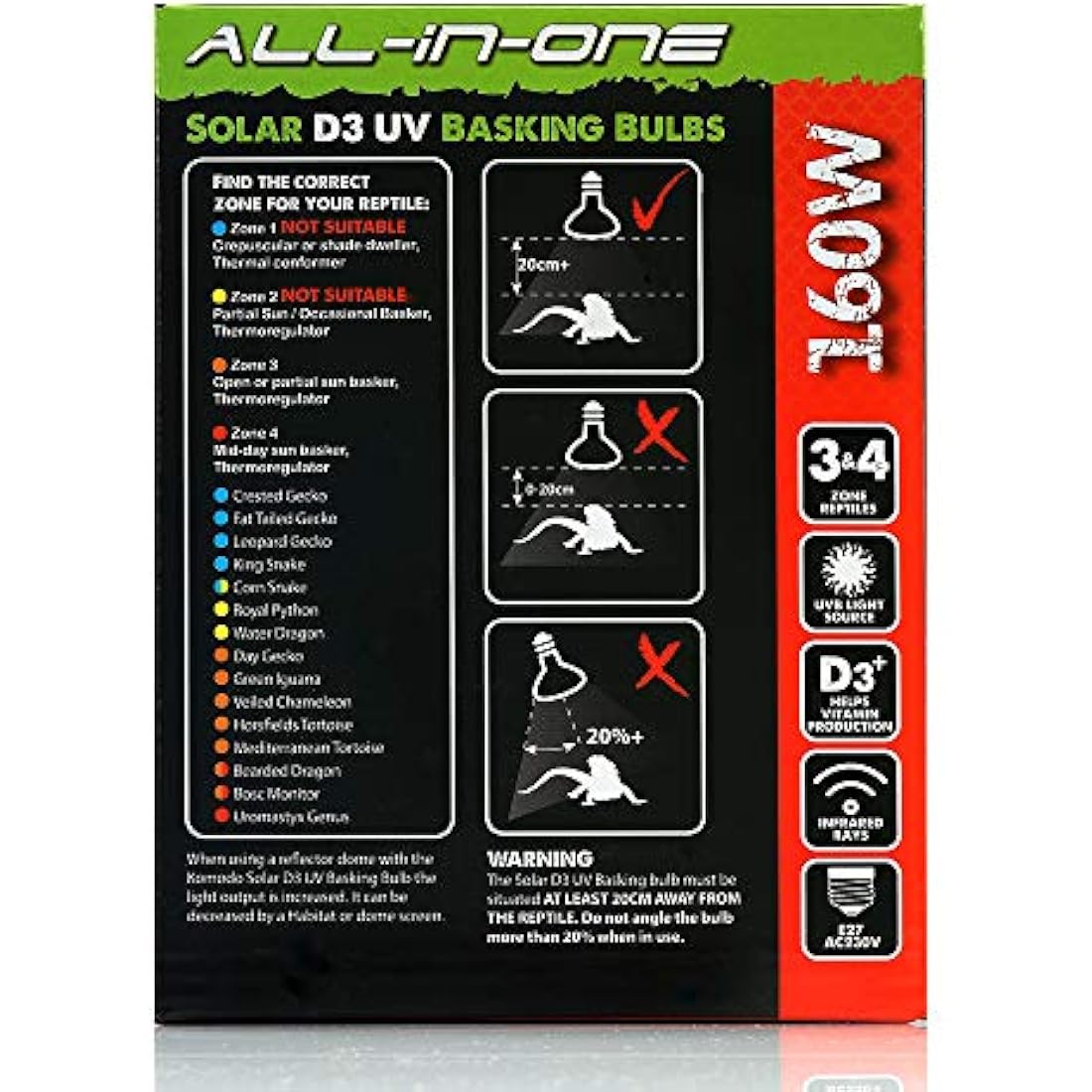 Komodo Solar D3 UV Basking Bulb Heat and Light Bulb for Desert & Tropical Reptile Habitats, Terrarium & Vivarium Lighting 160W