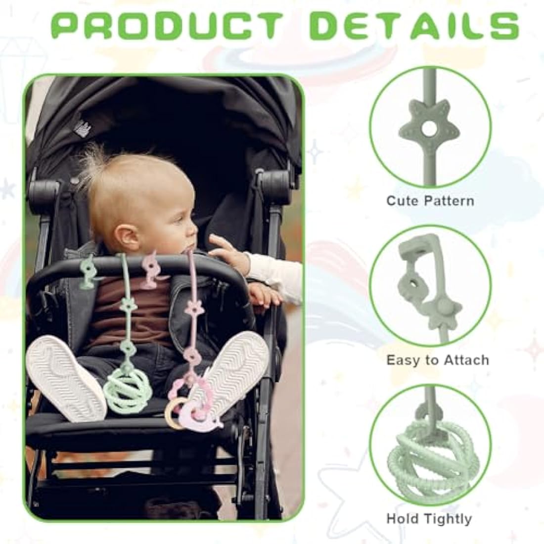Vicloon Silicone Toy Clip, 4Pcs Toy Safety Straps, Food Grade Silicone Pacifier Clips Sippy Cup Strap, Adjustable Stroller Pacifier Strap Hanging Toys, Baby Toy Anti Drop Chain