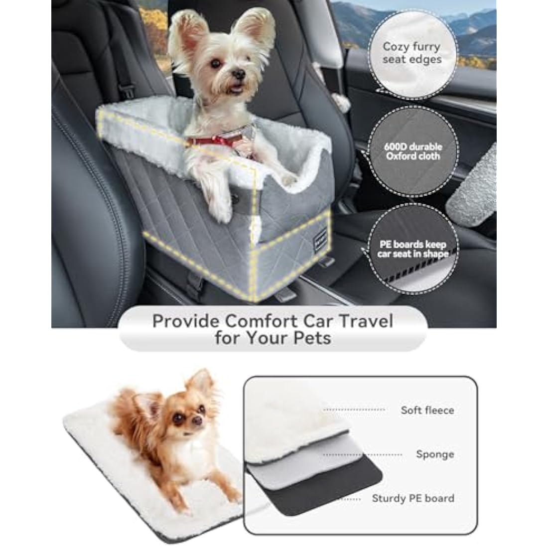 Petsfit Dog Car Seat, Center Console Dog Car Seat with Safe Protection Hooks, Pet Car Seat with Upgraded Safety Tethers, Washable Cushion, Console Dog Car Seats for Small Dogs Up to 6KG (Deep Grey)