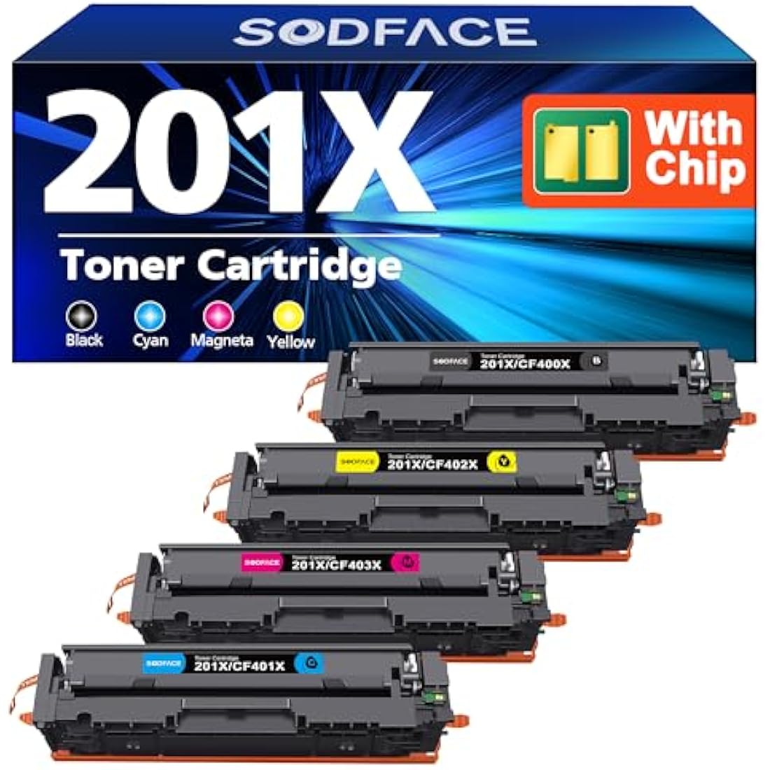 SODFACE 201X 201A Toner Cartridge Compatible for HP M277dw Toner 201X 201A for Color LaserJet Pro MFP M277dw M252dw M277n M274n M252n CF400X CF401X CF402X CF403X (Black Cyan Yellow Magenta, 4-Pack)
