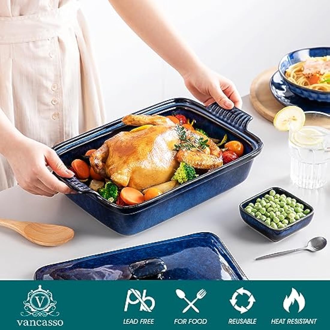 vancasso Starry 3.8 Quart Casserole Dish, Large Lasagna pan with lid, 9x13 inch Stoneware Casserole with lid, Microwave Safe, Blue