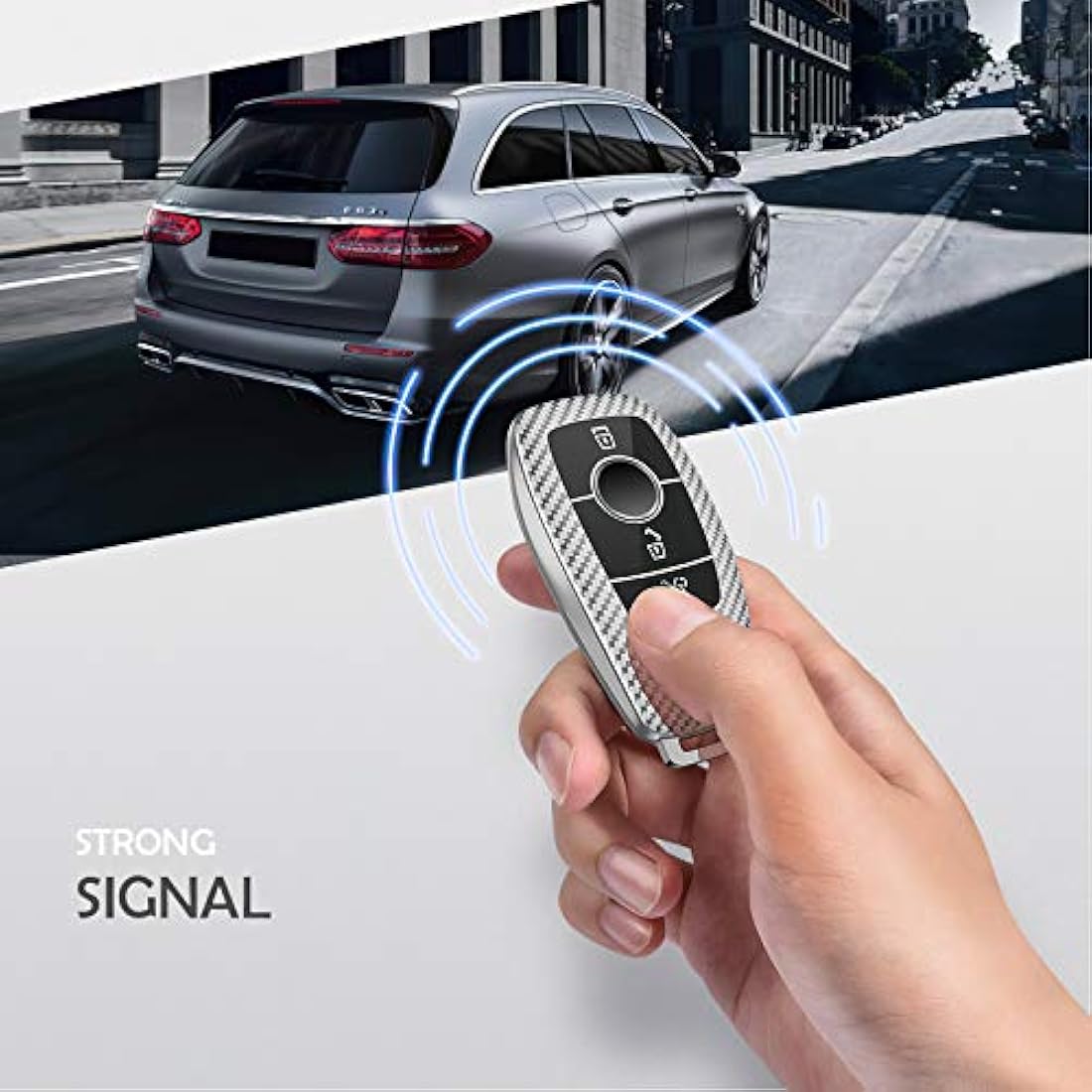 OATSBASF Car Key Cover Compatible with Mercedes Benz,Car Key Box for Benz E Class 2017 S 2018 (Silver-Stripe)