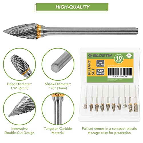 BLOSTM Rotary Burrs Set - 10pcs Tungsten Carbide Die Grinder Bits for Rotary Tool, 1/8 Inches Shank, Wear Resistant Files for Metal, Polishing, Drilling, Carving Burrs for Wood - 10 PACK