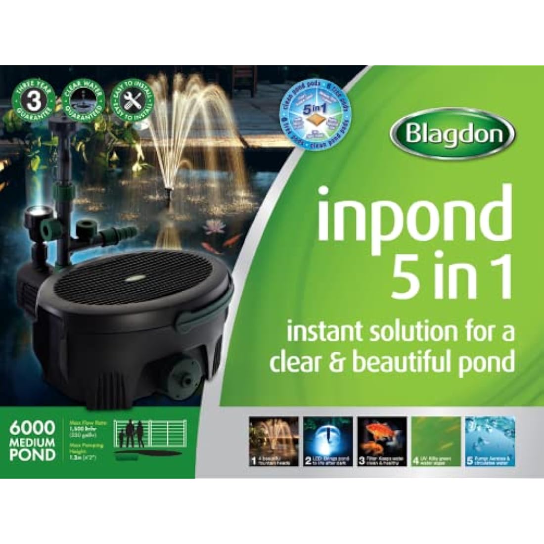Blagdon Inpond 5-in-1 6000 Easy Care Clean Pond Solution, 26.5w Pond Pump & Filter with UV Clarifier for Algae Control and Clear Water, LED Light, 3 Fountain Heads, for Ponds Up to 6,000L, Black