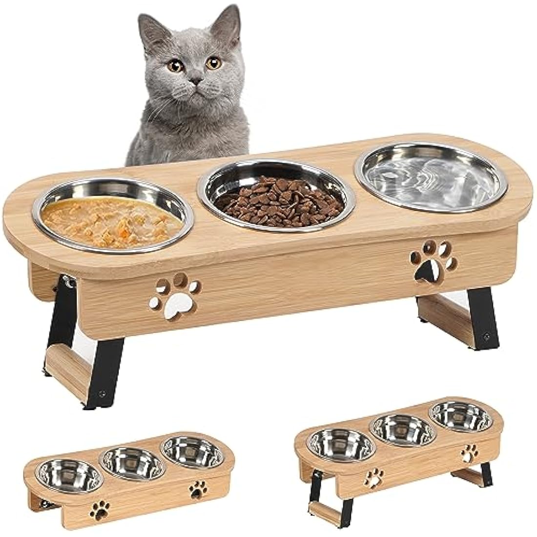 GHIAKQYT Raised Feeding Bowls - Cat Feeding Station 3 Bowls Raised Cat Bowl Height Adjustable Feeding Bowl Feeding Bar with Stand Stainless Steel Bowls for Water Food - Feeding Bowl for Cats (Bamboo