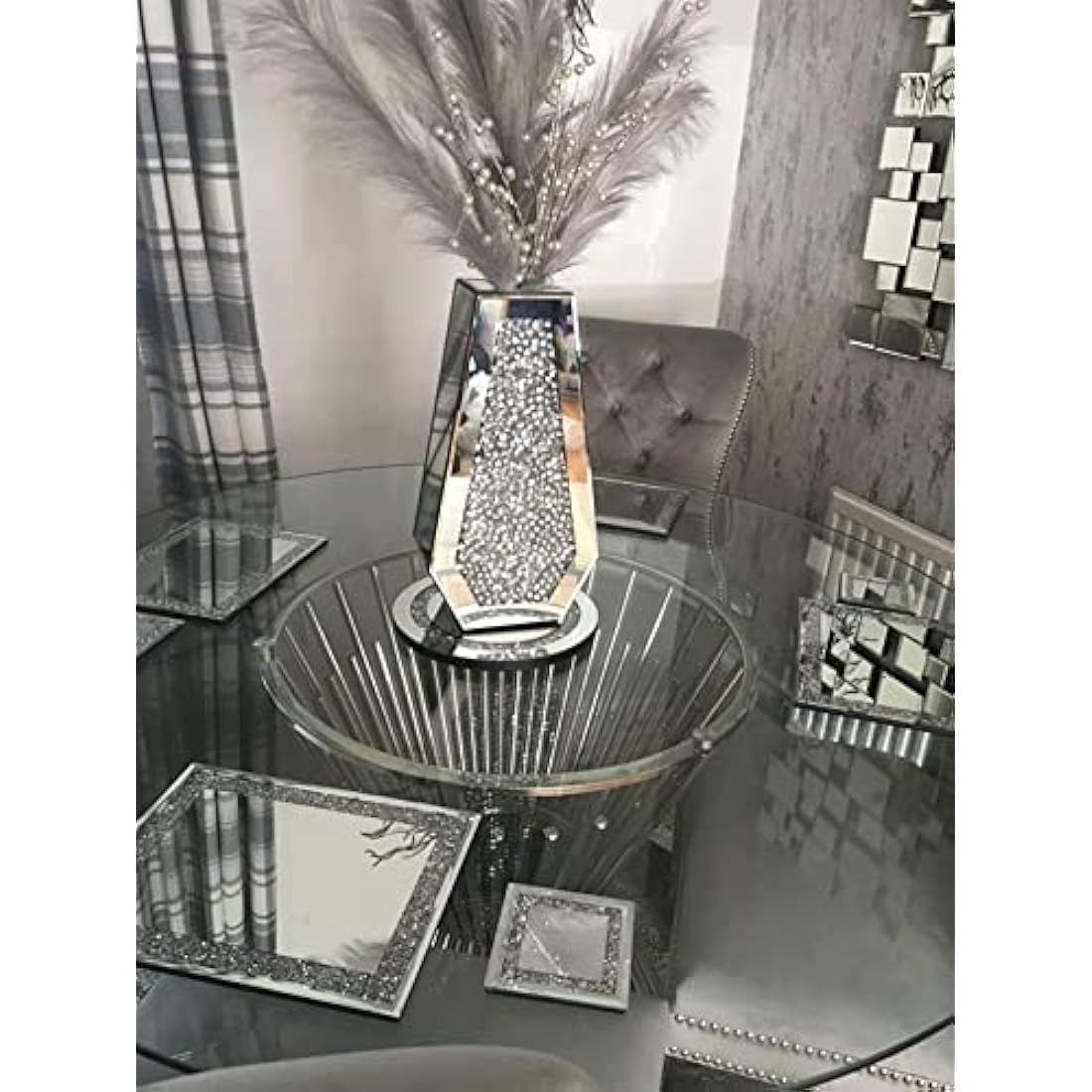 Biznest Large 40Cm Sparkle Diamond Crushed Crystal Sparkly Silver Mirrored Floor Vase Cuffin Shape