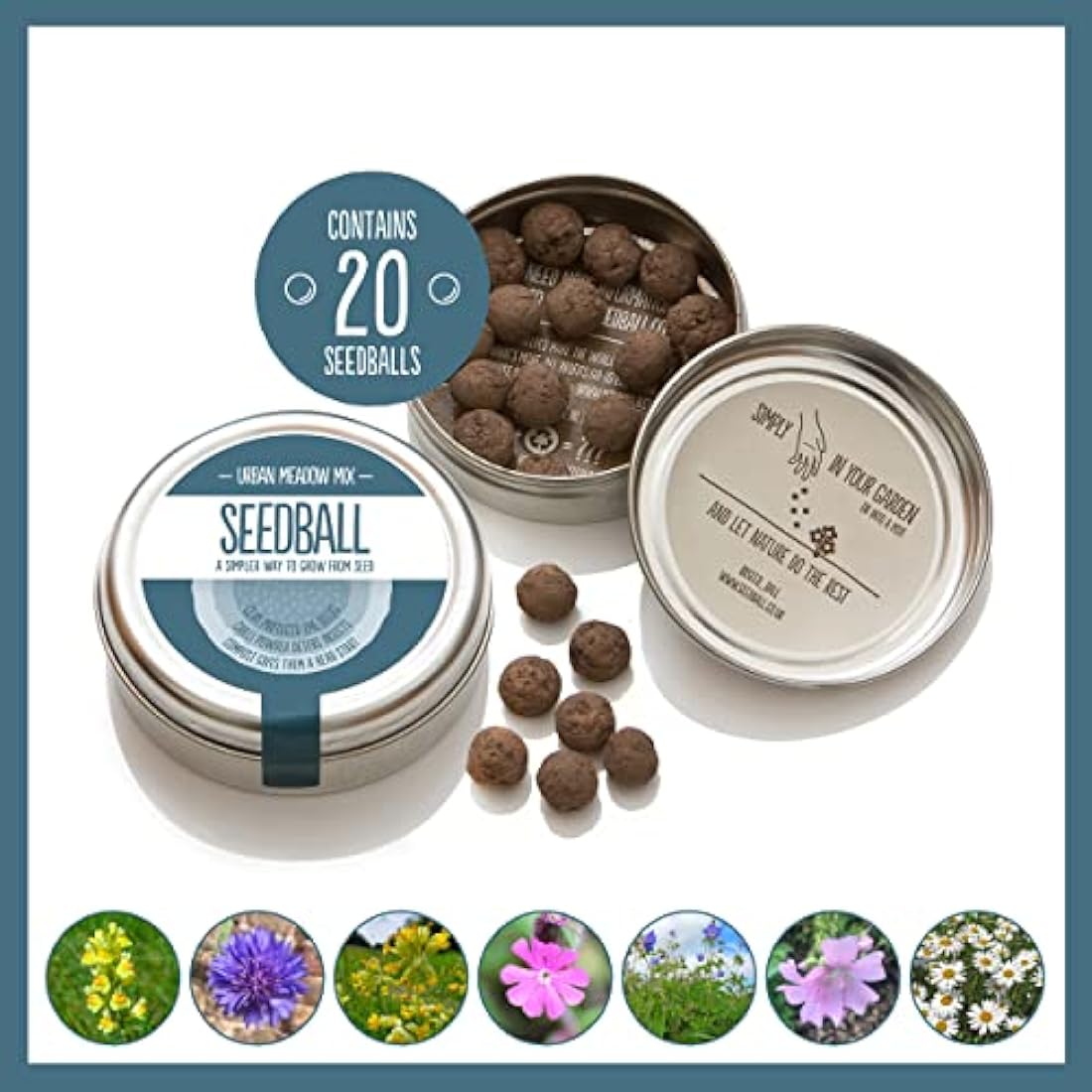 SEEDBALL Urban Meadow Mix Seed Bombs (Wild Flower Tin) – 20 Balls | British Wildflower Seeds - Seed Bomb for Bees, Butterflies, Birds & Garden Wildlife – A Colourful Mix of Annuals & Perennials