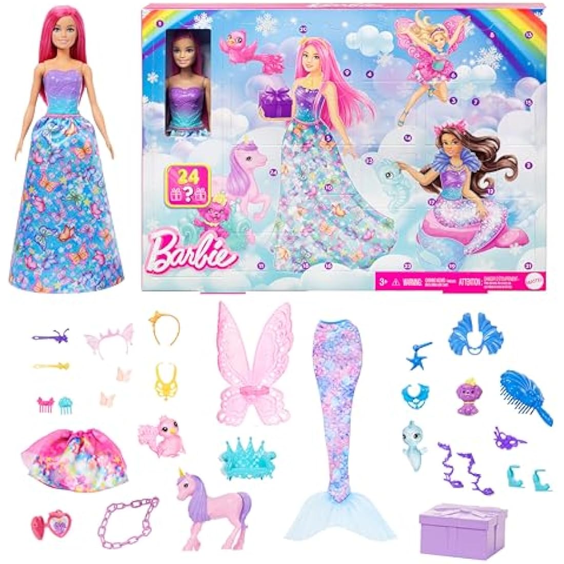 Barbie Advent Calendar with Doll & 24 Surprise Accessories Including Unicorn & 3 Pets, Transform Pink-Haired Fashion Doll into Mermaid, Fairy & More, HRG90