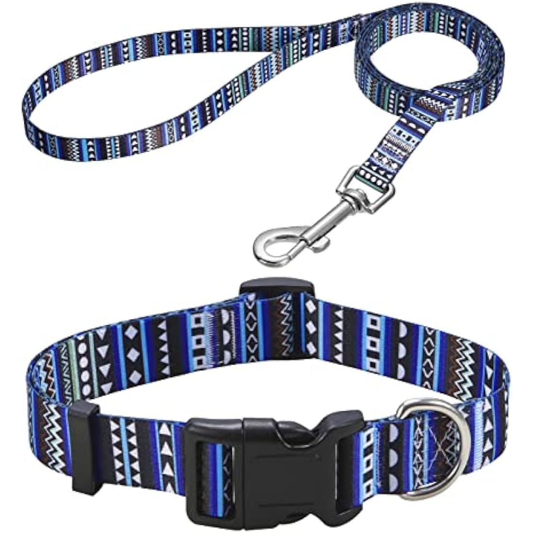 Mihqy Dog Collar and Lead Set with Bohemia Floral Tribal Geometric Patterns - Soft Ethnic Style Collar Adjustable for Small Medium Large Dogs(Bohemian Blue Set,L)