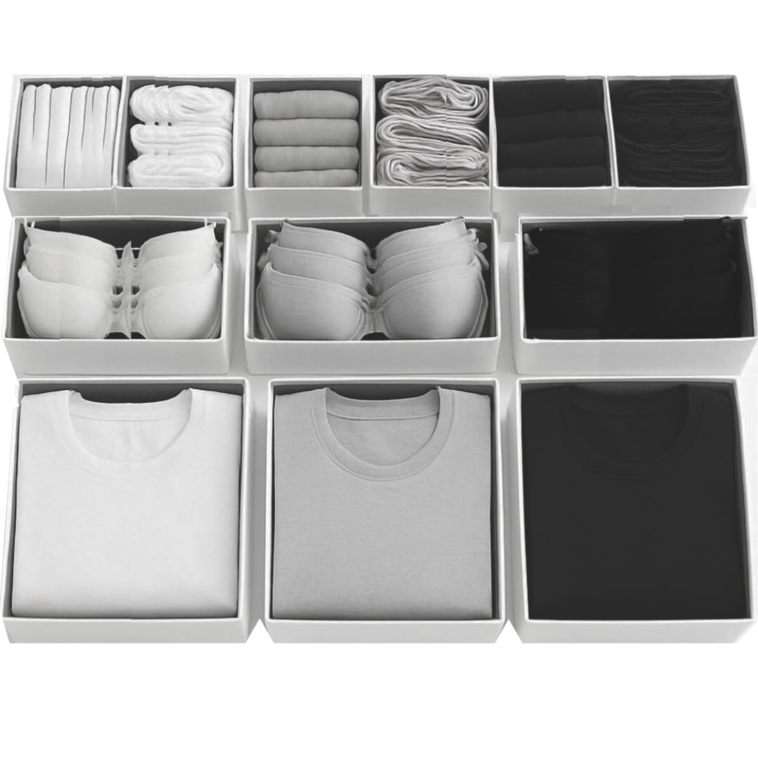 Bermondsey Division Set of 12 Drawer Organiser White/Grey Divider Drawer Dividers Clothes Storage Bedroom Drawers Wardrobe Organiser Storage