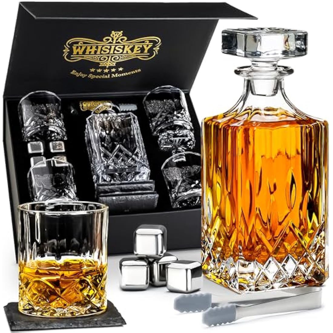 WHISISKEY - Whiskey Decanter Set - 700ML Classic Carafe - Whiskey Gift Sets for Men - Whisky Set - Glass Gifts for Men - Inc. 4 Whiskey Glasses, 4 Whiskey Stones, Accessories