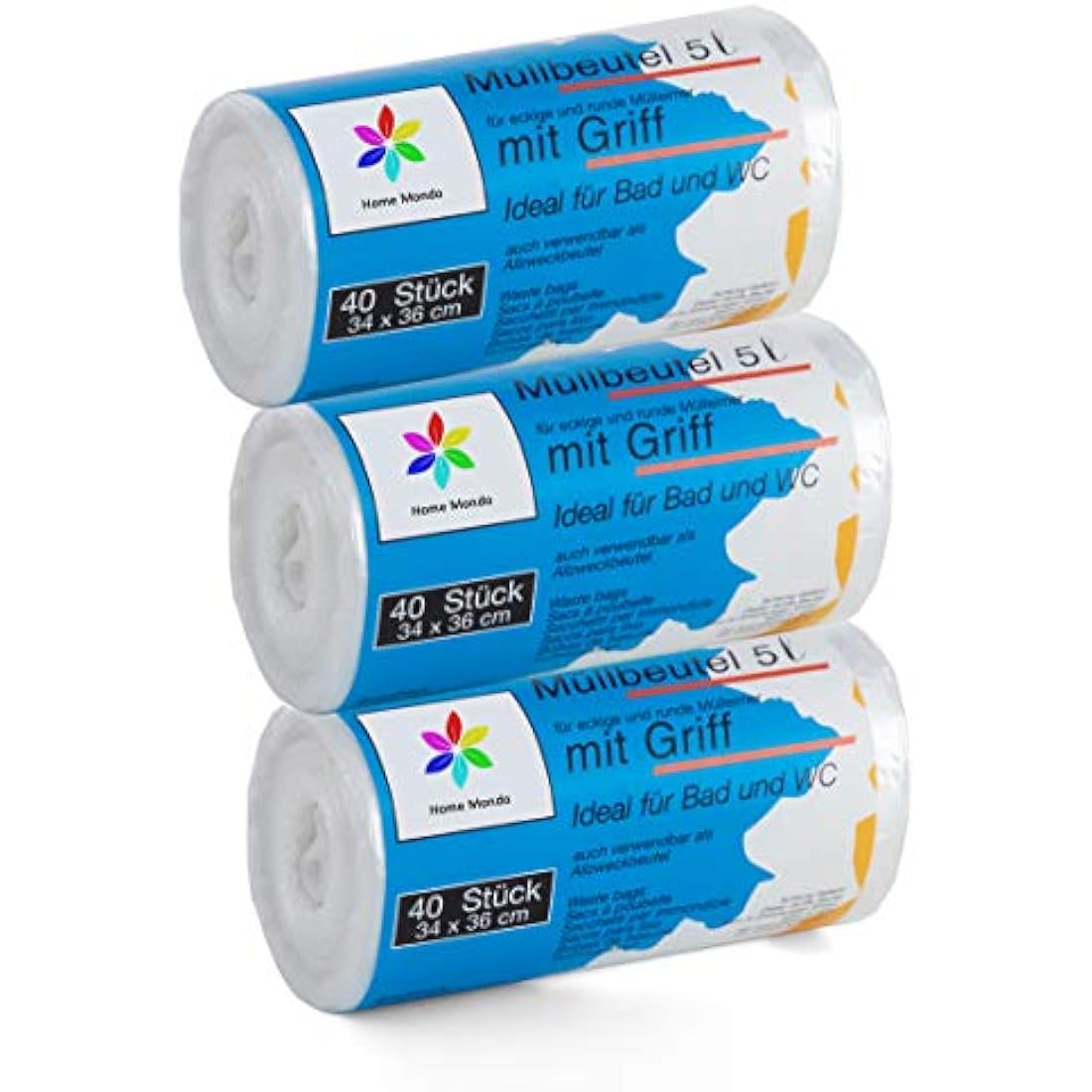 Sunmondo 3 x 40pcs 5L Bin Liners with Handle - Cosmetic, Size 34x36cm, 120pcs