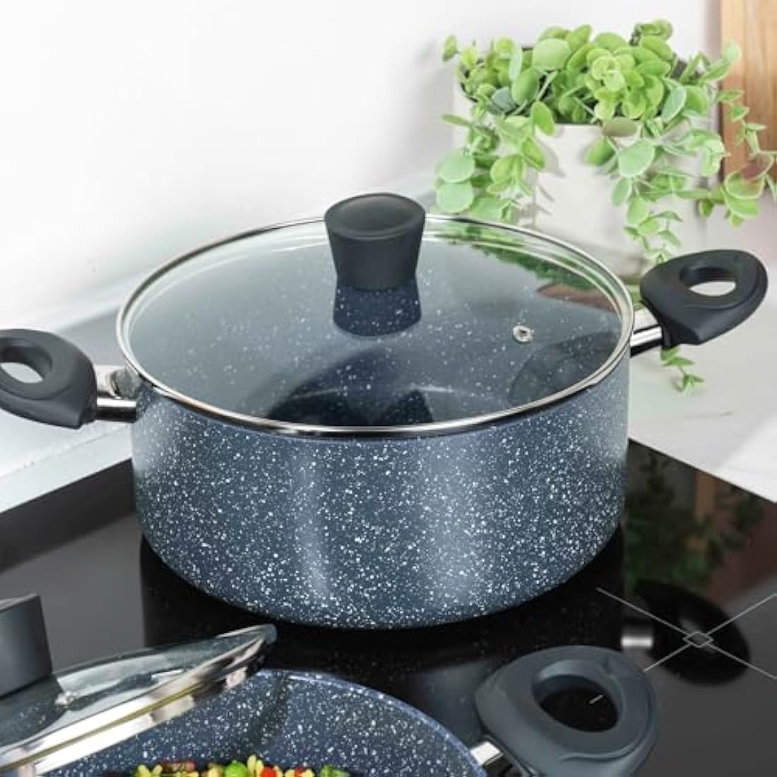 Russell Hobbs RH00849EU Stockpot With Lid - Non-Stick 24cm Induction Suitable Cooking Pot, Pressed Aluminium, PFOA-Free, Soft-Touch Handles, For Stews/Soups, Nightfall Stone Collection, Blue Marble
