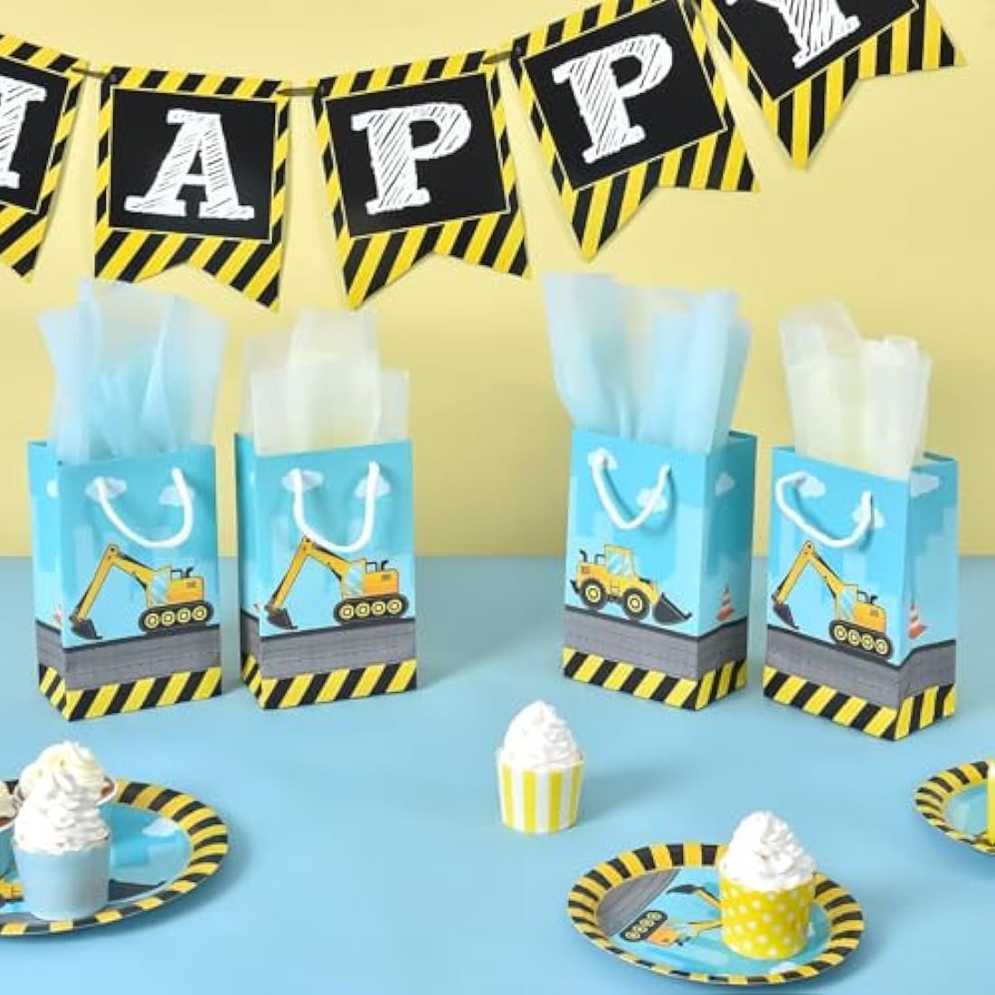 WERNNSAI Construction Party Favor Bags - 16PCS Construction Birthday Party Supplies for Boys Kids Dump Truck Gift Bags for Birthday Baby Shower Supplies Excavator Candies Treats Goodies with Handle