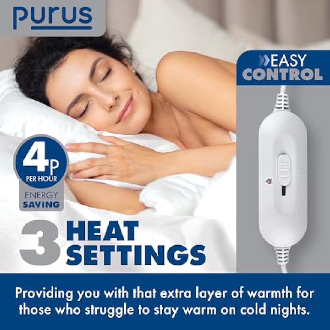 Purus Electric Blanket King Size 155 x 140cm, Soft Polyester Electric Blanket Fitted Underblanket Mattress Cover, 3x Heat Settings, 1x Controller and Machine Washable Heated Blanket