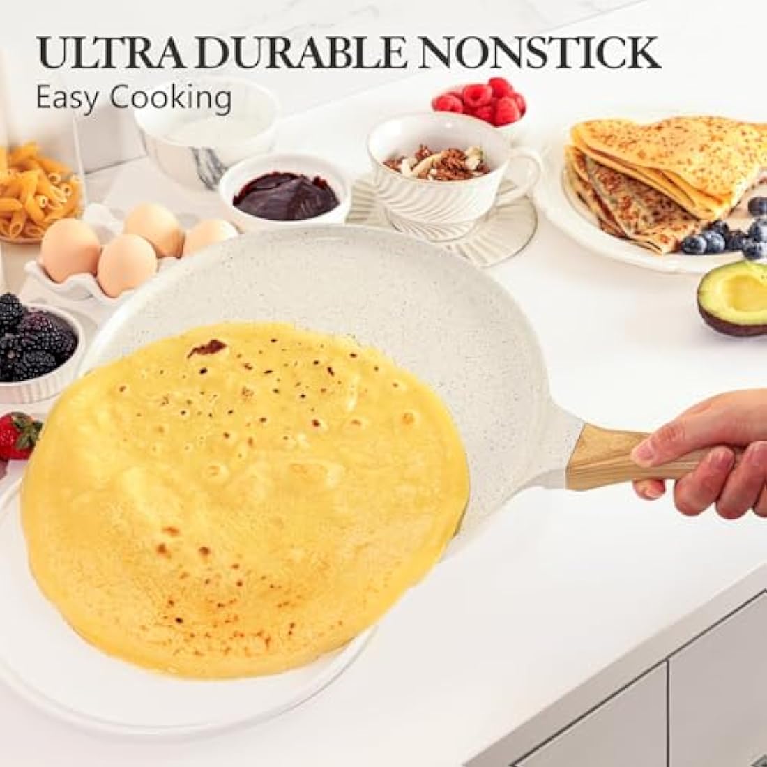 SENSARTE Nonstick Pancake Pan with Spreader, 26cm Swiss Ceramic Coating Dosa Pan Crepe Pan Flat Skillet Tawa Griddle with Stay-Cool Handle, Induction Compatible (White)