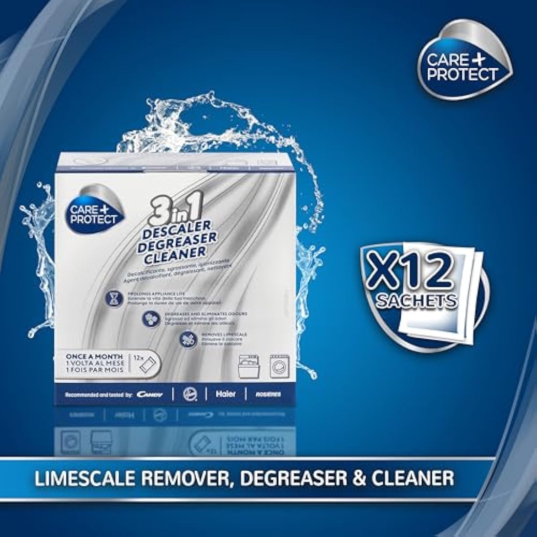 Care+Protect 3 in 1 Washing Machine - Dishwasher Cleaner - Limescale Remover - Degreaser - Hygienic Cleaner - Universal - 12 Sachets for 12 Months Supply