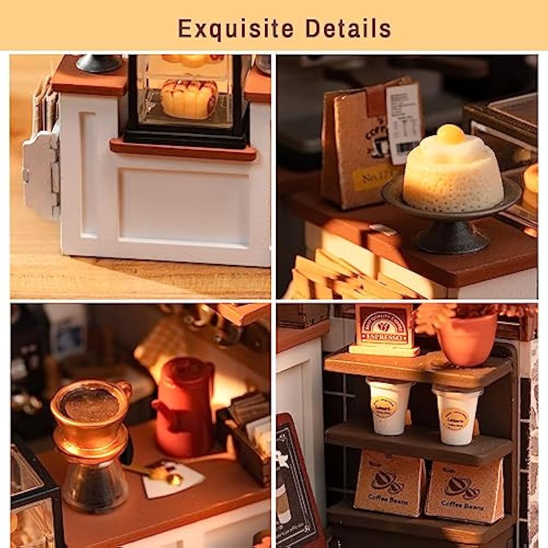 ROBOTIME DIY Wooden Dollhouse Set with Miniature Furniture, Model Building Set with Accessories and LED, Model Kit for Adult and Children, Holiday Birthday (NO.17 Coffee)