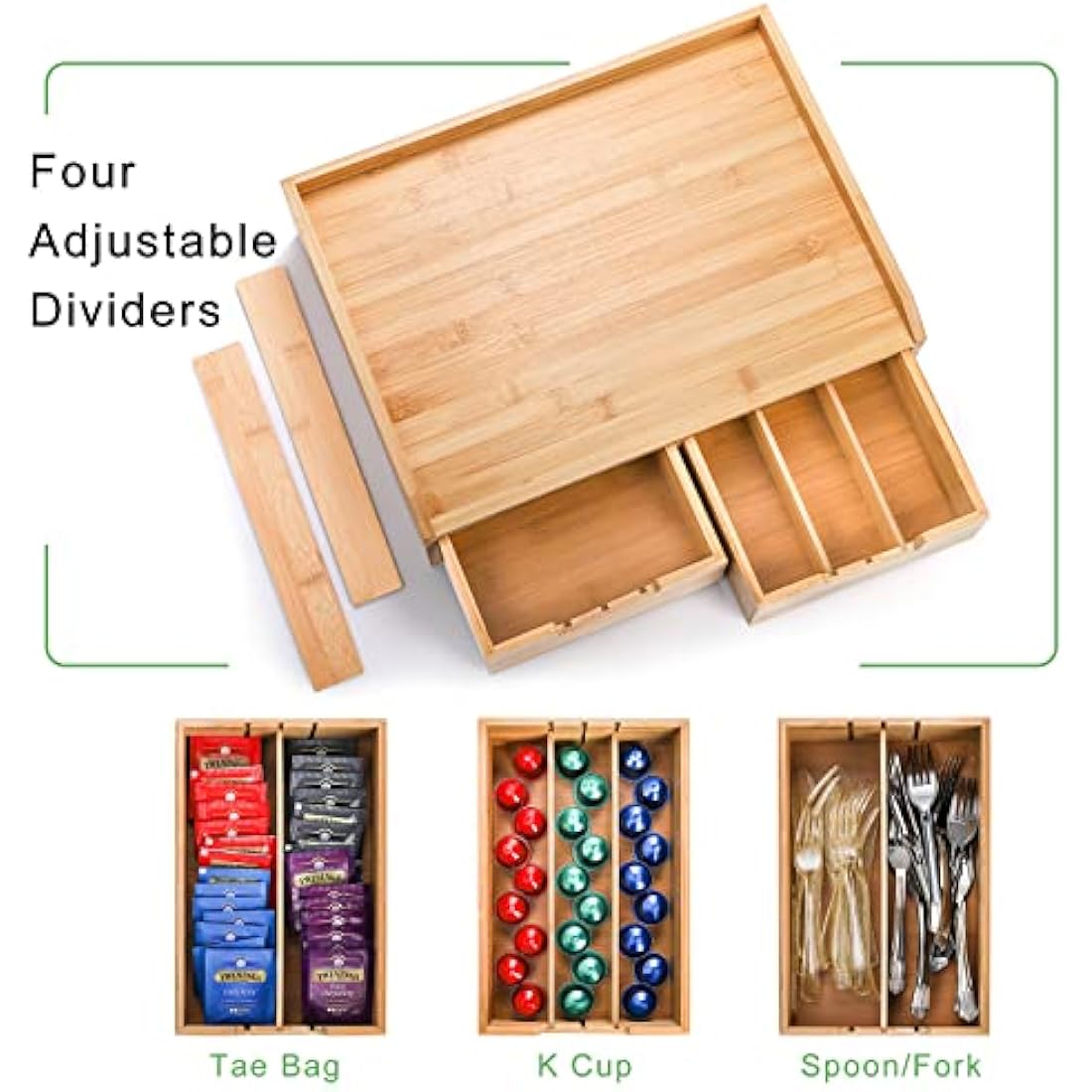 SOUJOY Bamboo Drawer Organizer for Coffee Pod, K Cup Organizer for Counter, Tea Bag Storage Organizer with Drawer and Side Storage Box for Kitchen Office Coffee Bar