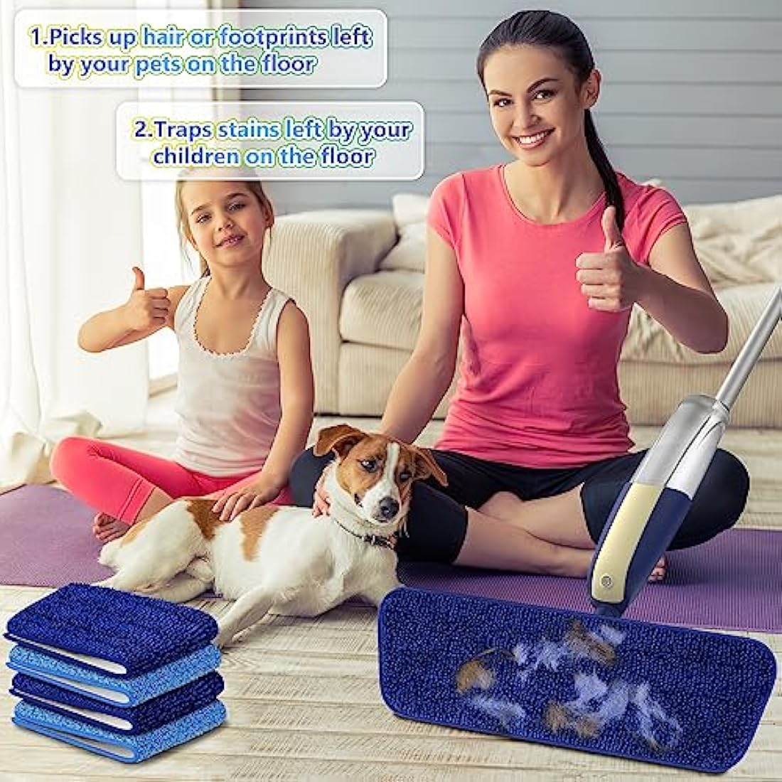 Microfibre Spray Mops with 4 Washable Pads for Floor Cleaning - MEXERRIS Wood Hard Floor Mop with Spray Wet & Dry Mops 2 Bottles Flat Mop Home Commercial Use for Hardwood Laminate Wood Tiles