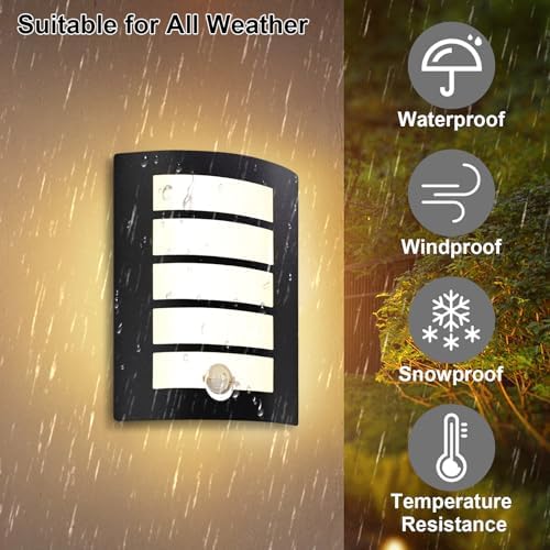 Allesgute Outdoor Wall Lights with PIR Motion Sensor, Curved Outside Lights Mains Powered Black IP44 Waterproof Wall Lamp Incl.E27 LED Bulbs 12W Warm White for Front Door Porch Stairway