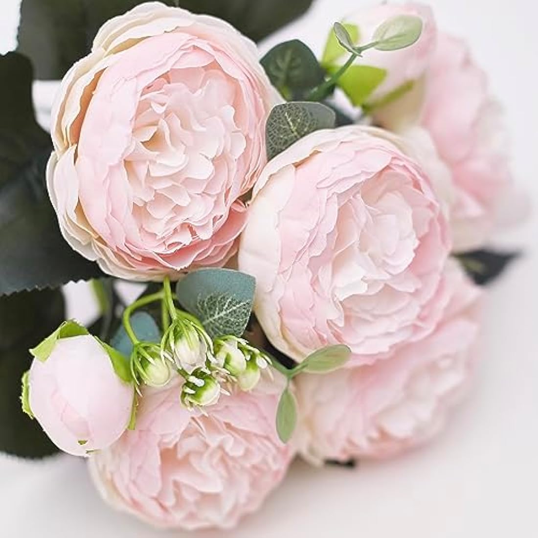 The Baked Studio - Silk Peony and Tea Rose Artificial Bouquet 9 Heads Realistic Fake Plant for DIY Craft Cake Living Room Home Wedding Decoration (LIGHT PINK)