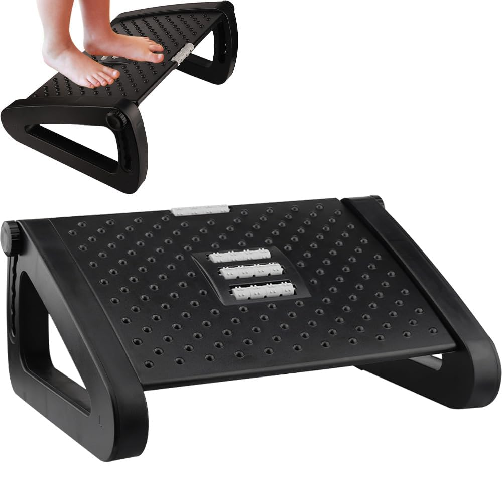 Adjustable Desk Foot Rest with Massage Function, 6 Height Ergonomic Foot Stool Under Desk Footrest for Home Office Travel Use