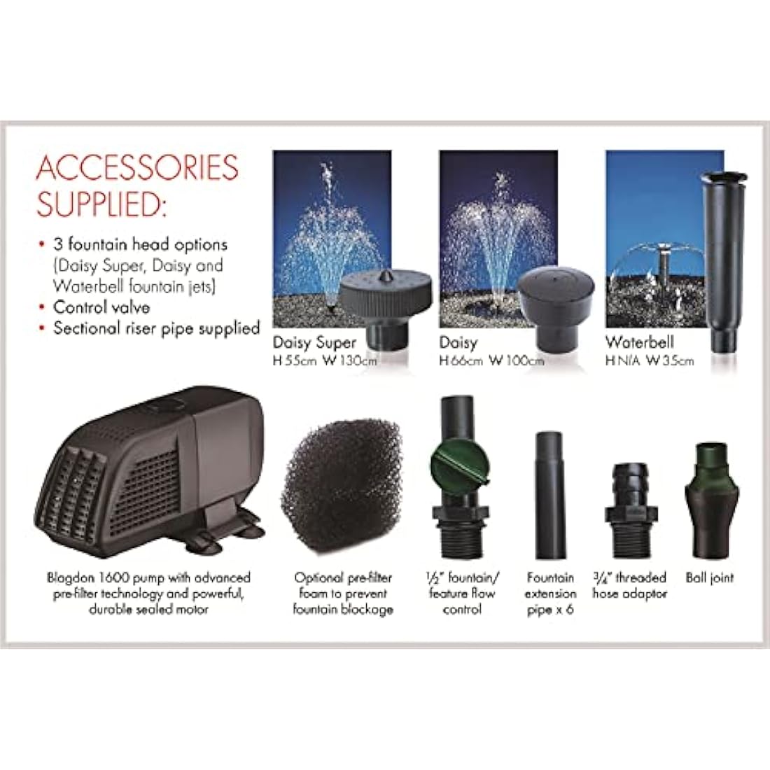 Blagdon Minipond Pond Pump 1600 (to Run Fountains for Medium Ponds up to 3582 Litre), 3 Fountain Heads, Black