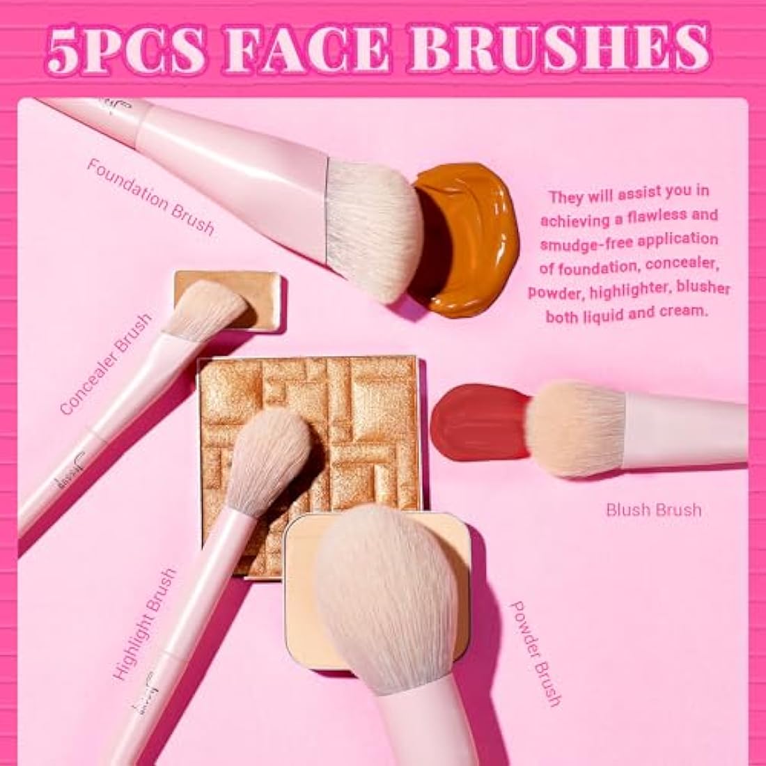 Jessup Pink Makeup Brush Gift Set Soft Vegan Hair Ideal Women's Brushes Gifts for Birthday Professional Make up Brush for Foundation Concealer Eyeshadow Highlight Brush,T495-G