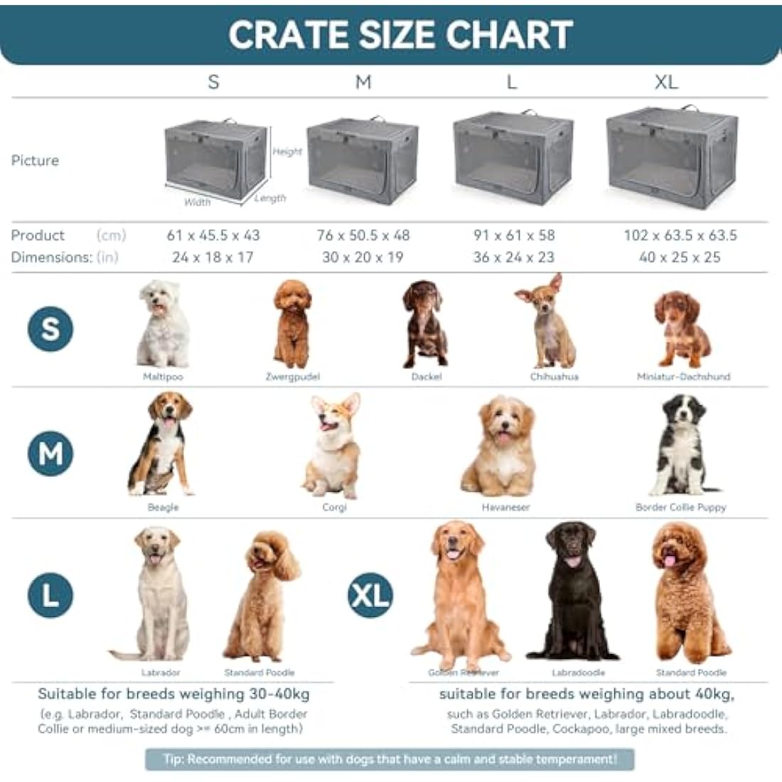 Petsfit Dog Crate, Portable Dog Crate for Small Dogs, Soft Dog Crate with Removable Mat and Pocket for Storage, Grey,S:61cm x 45cm x 43cm