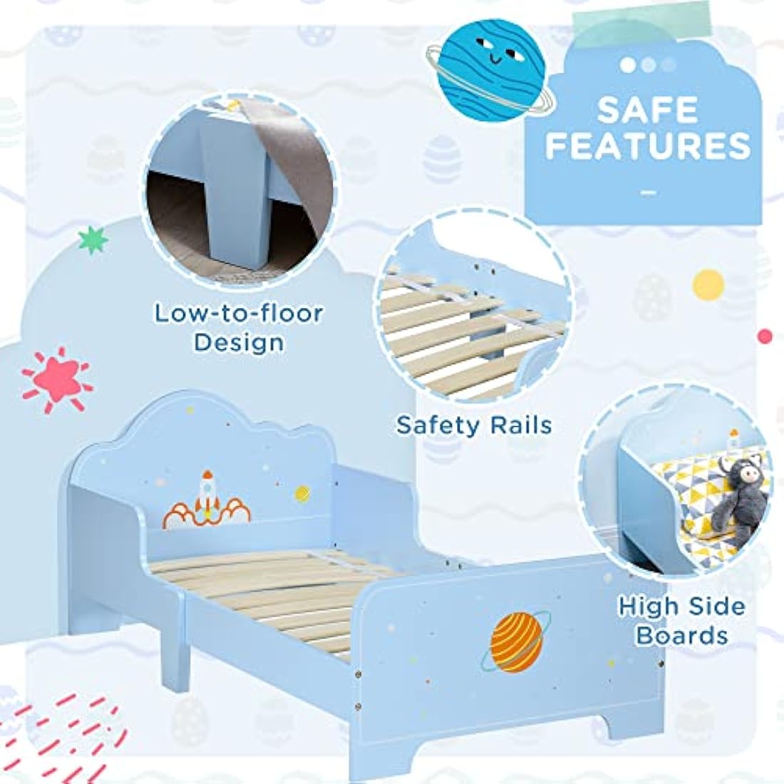 ZONEKIZ Kids Toddler Bed, Safety Rails, Kids Bedroom Furniture for Boys, Girls, Ages 3-6 Years, 143 x 74 x 59cm - Blue