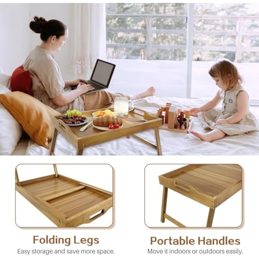Utoplike Acacia Wood Bed Tray Table(51L x 33.2W x 25.4H cm), Large Food Tray with Folding Legs and Handles, Wood Serving Trays for Laptop Work in Bedroom, Livingroom Sofa