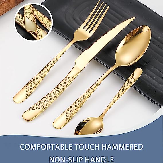 Gilded Silverware Set, 24 Piece Cutlery Set with Holder, Service for 6, Mirror Polished Tableware Set for Home Kitchen, Dishwasher (Gold)