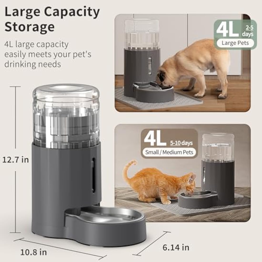 JUNSPOW Cat Water Dispenser with Placemat and Stainless Steel Bowl, Automatic Gravity Water Dispenser for Cats or Small Medium Size Dogs, Large Capacity, Easy to Clean and Safe for Pets (4L)