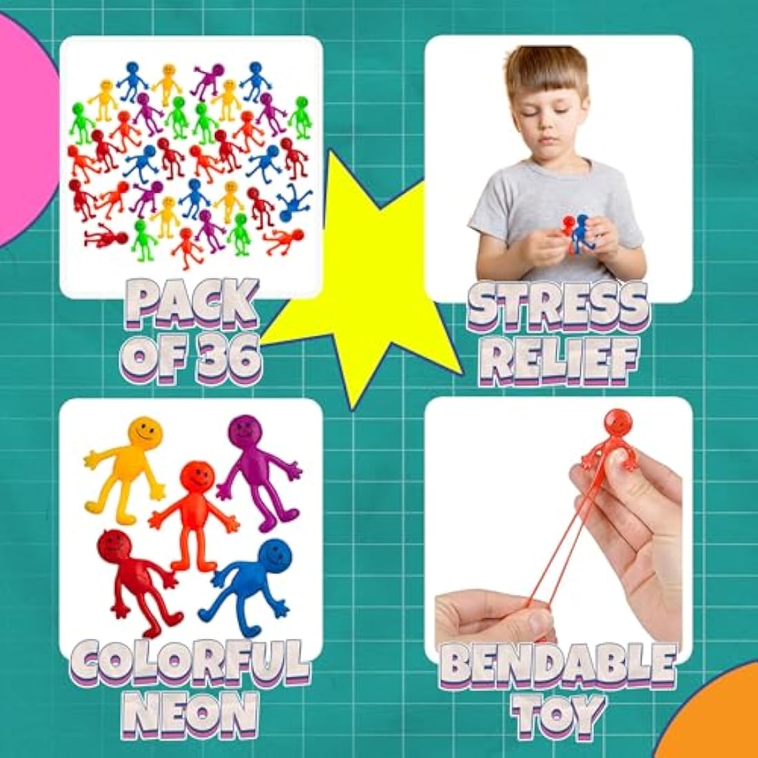 Stretchy Sticky Men (36 Pack) Assorted Fun Colours, A Sticky, Stretchable, Slimy, Gooey Texture, Toy for Stress Anxiety Relief, Great Party Favours, Stocking Fillers