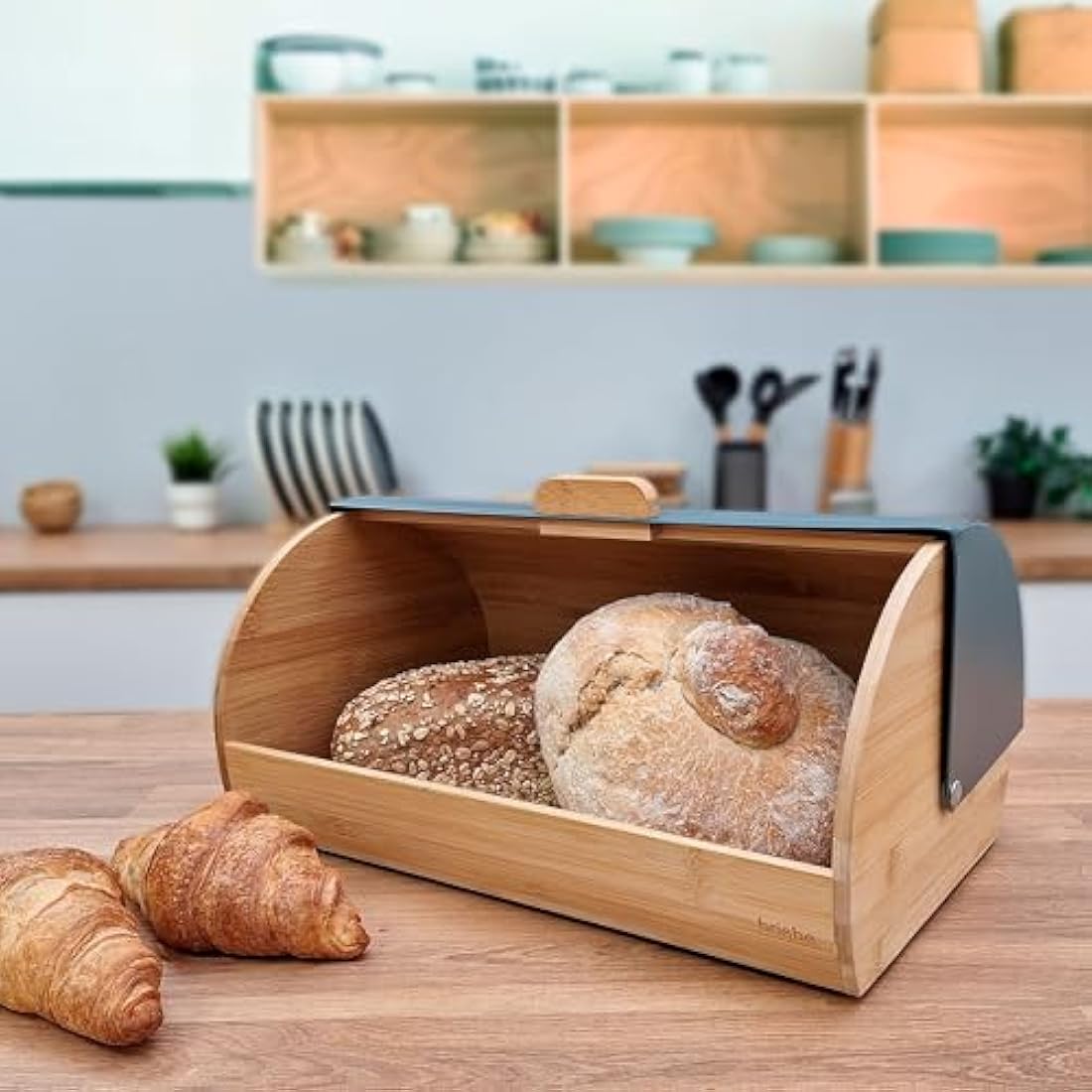 briebe Nordic Bread Box for Storage of Table Bread Bamboo Wood, Sliding Lid, Bread Box for Storage Bread and Pastries, Modern Nordic Design, Grey