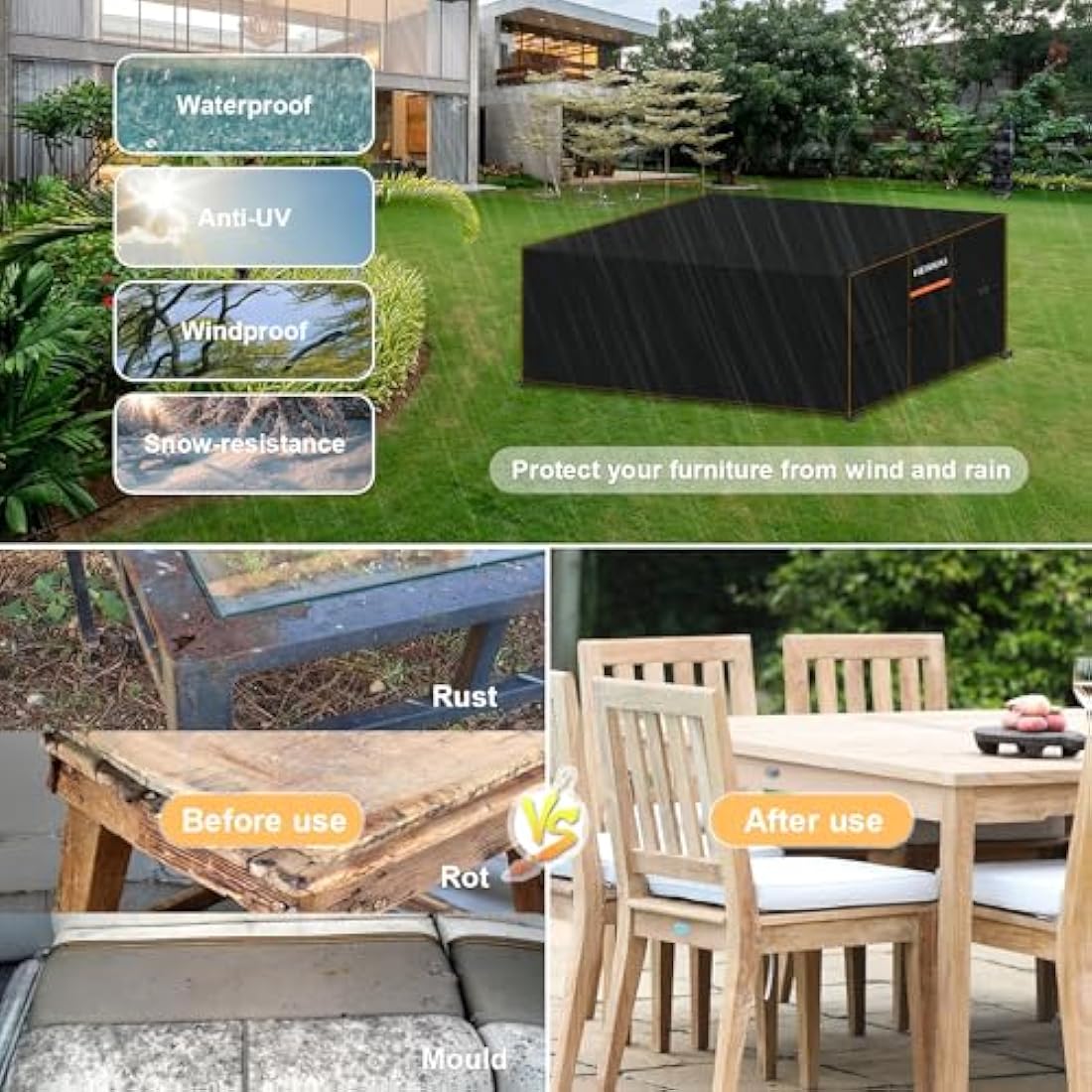 HEIMUNI Outdoor Garden Furniture Covers Waterproof, 250x160x90cm Large Garden Furniture Cover Heavy Duty 420D Oxford Fabric Rattan Sofa Covers for Outside Garden Furniture, Patio Table and Chair Set