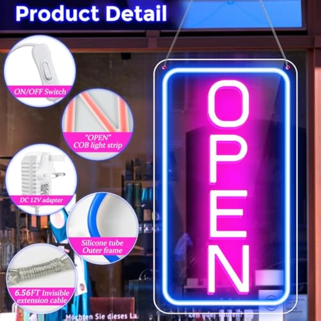 LightingWill LED Neon Open Sign, 23"x 12" Ultra Bright Open Signs for Business, Light Up Signs for Business Window, Coffee Shops, Stores, Restaurants Bars Hotel, Blue/Pink, Vertical