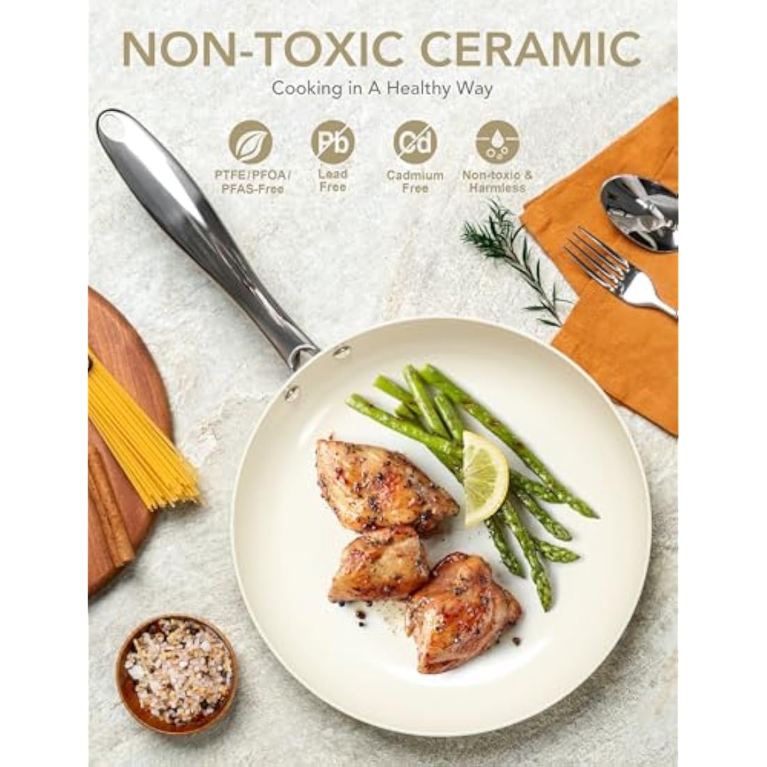 MICHELANGELO 20cm Ceramic Frying Pan, Non Stick Ceramic-Coated, Small Pan with Lid, Non Toxic, Oven Safe,Induction Compatible, Cream White