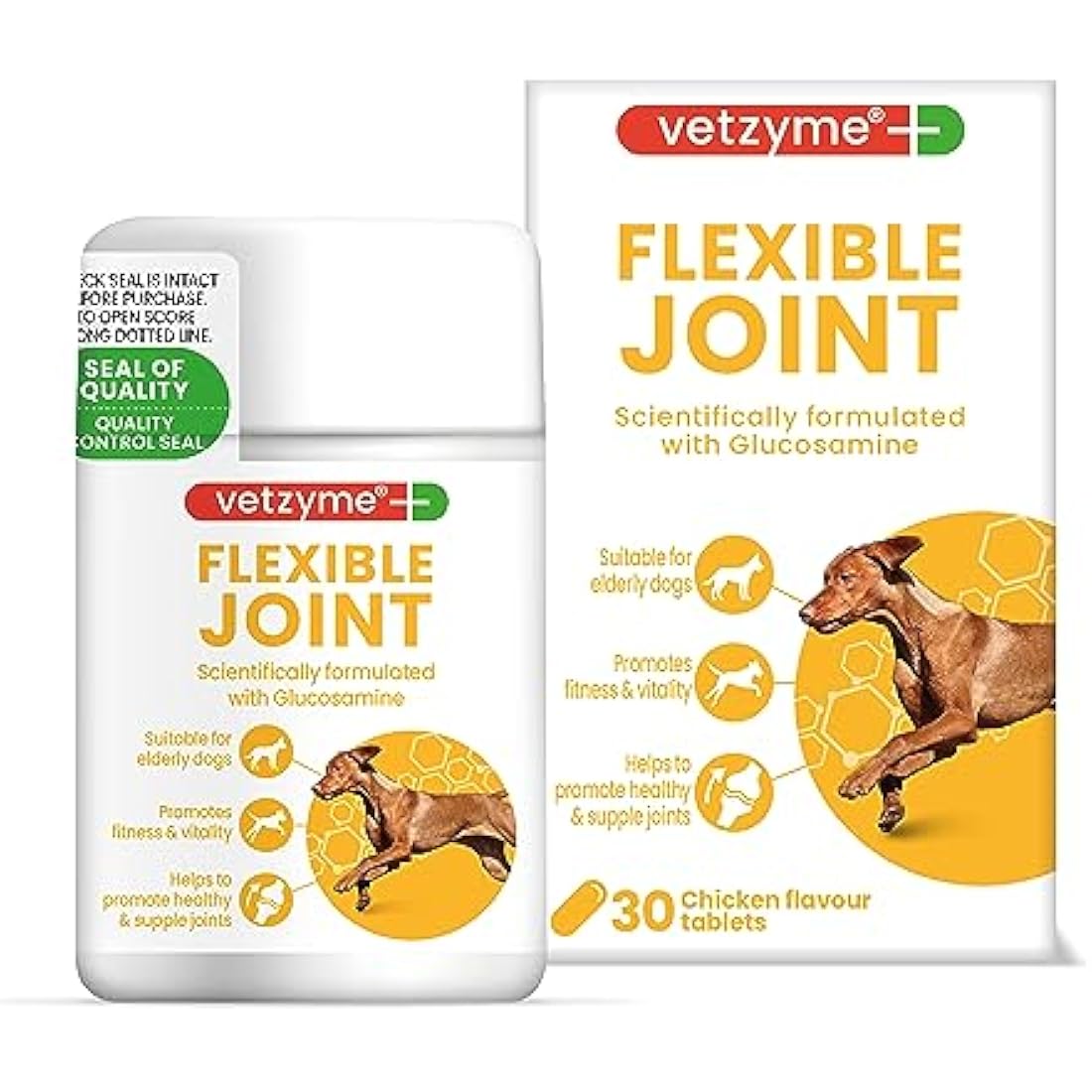 Vetzyme Flexible Joint Supplements for Dogs (30 Tablets) - Hip and Joint Care with Glucosamine, Tasty Chicken Flavour