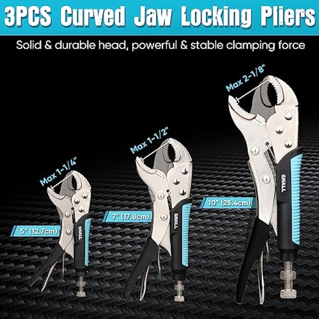 Shall 6-Piece Locking Pliers Set - 5", 7" & 10" Curved Jaw, 6-1/2" & 9-1/2" Long Nose, 6" C-Clamp - Two-Color TPR Handle, Roll Up Pouch Included