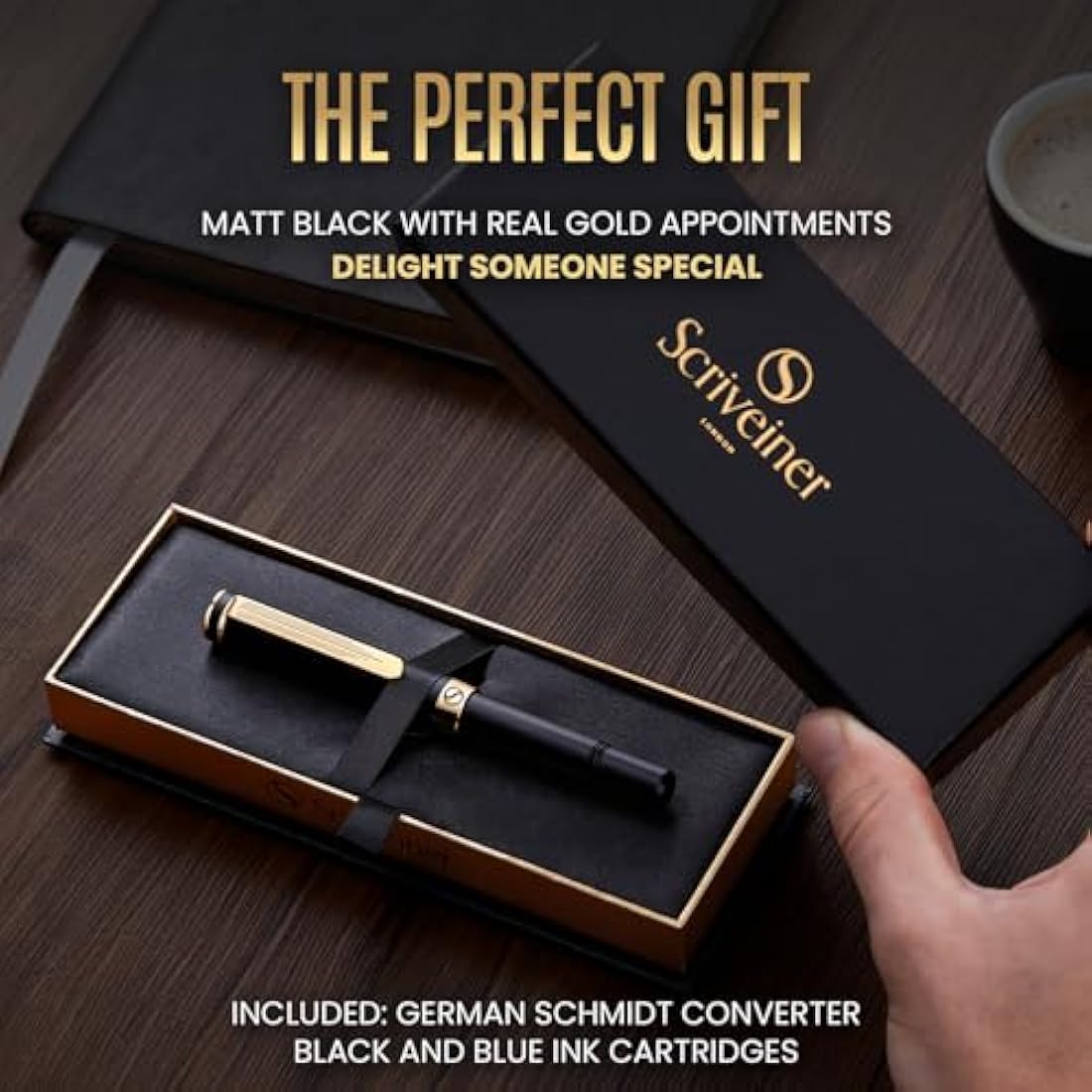 Scriveiner Luxury EDC Fountain Pen (Fine), Stunning Black Pocket Pen, Real Gold Plating, Schmidt Gilded Nib, Converter, Best Writing Pen Gift Set for Men & Women, Nice Fancy Office Designer Pen