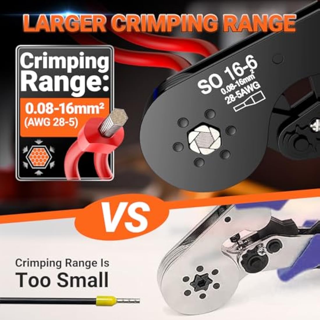 Preciva 0.08-16mm²/AWG 28-5 Crimping Tools, Wire Crimping Tool, Self-Adjsutable Ratchet Crimping Pliers, 16mm Bootlace Ferrule Crimping Tool, Gray&Orange (6 Side with Ferrules(0.08-16mm²))