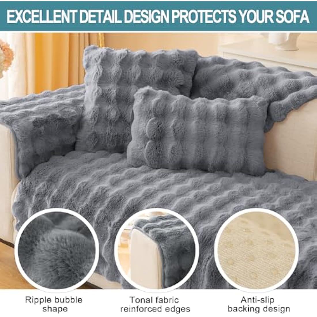 SHANNA Thick Rabbit Plush Sofa Cover 1 2 3 Seater, New Universal Non-Slip Corner Sofa Cover L Shape Super Soft Faux Fur Sofa Slipcovers for Living Room(Grey, 110 * 110cm Chaiselongue Cover)