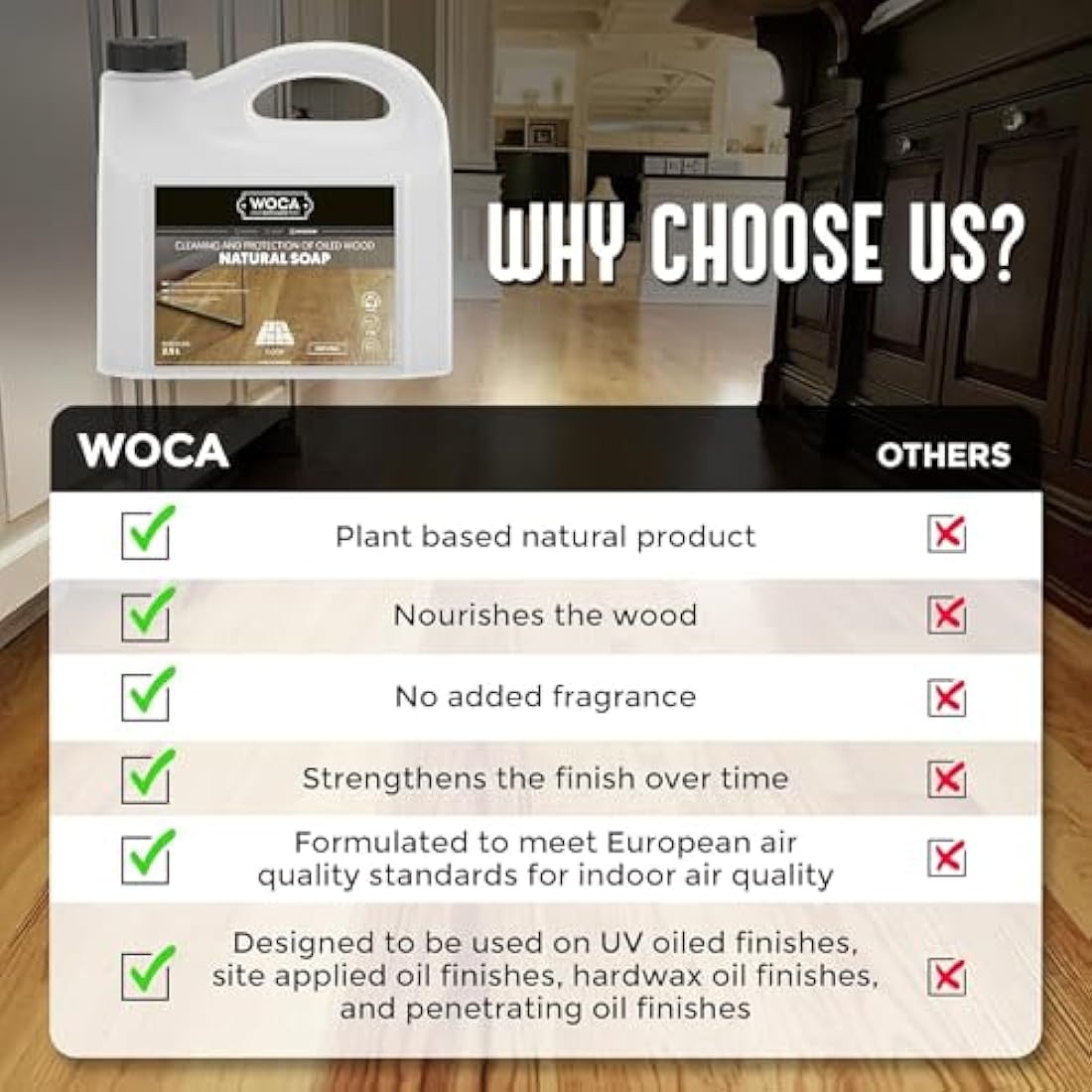WOCA Natural Soap, Natural |2.5 L| - Concentrated Wood Cleaner for oil or wax finished hardwood floors, tables, millwork, cutting boards, and countertops.